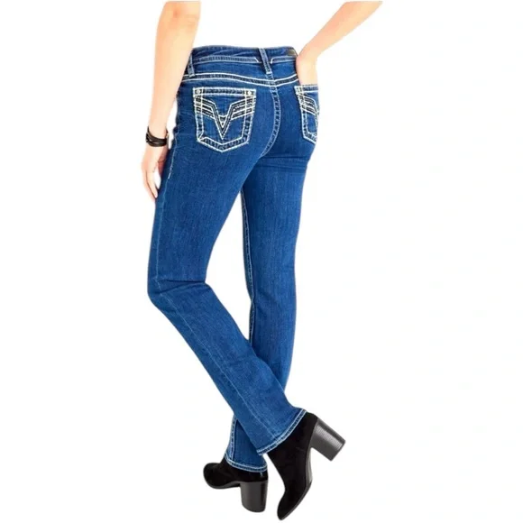 Vigoss Blue Slim Boot Cut Jeans with Unique Embroidery Size 7 - Picture 1 of 5